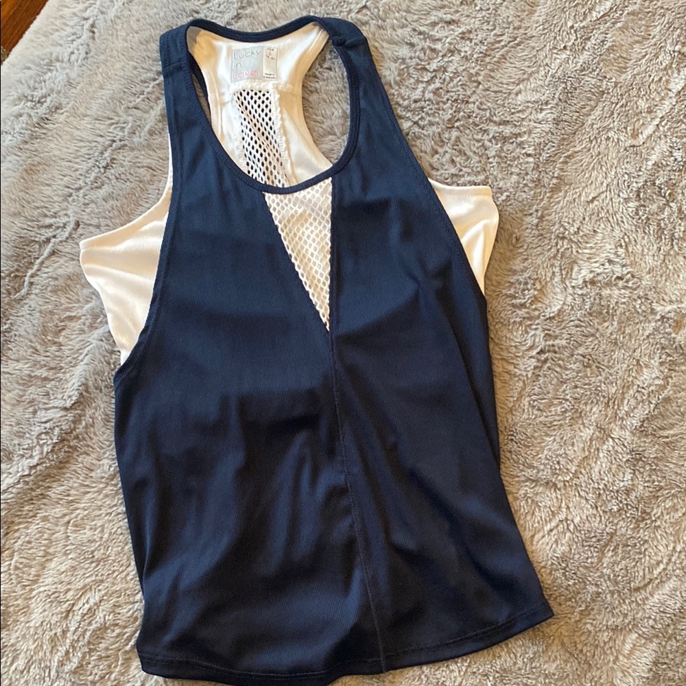 Lucky in Love Layered Navy Blue Tank Top Built in white tank Tennis Golf. Sz S